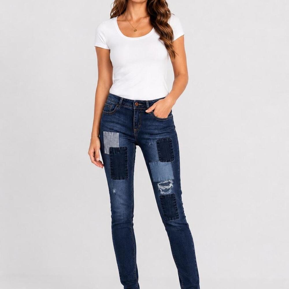 Modern dark wash denim patchwork skinny‎ jeans